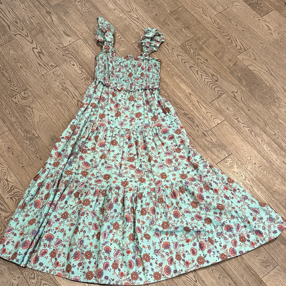 SEA NY Floral Smocked Maxi Dress - Mint with Rust Floral and pockets!